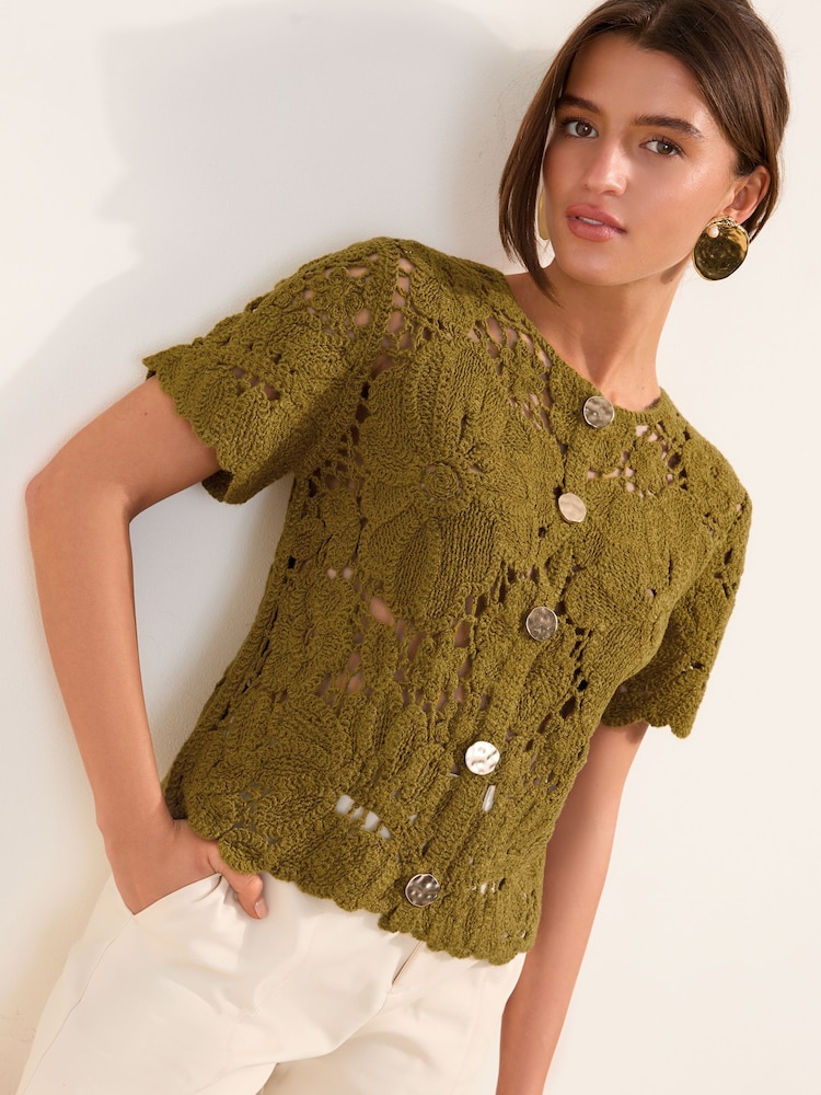 Friends Like These Olive Green Crochet Cardigan - Image 2 of 4