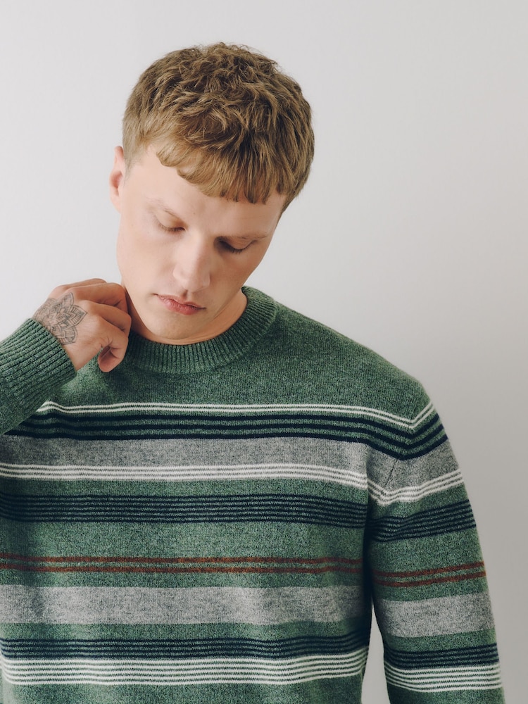 Green Stripe Cosy Crew Neck Jumper with Wool - Image 1 of 9