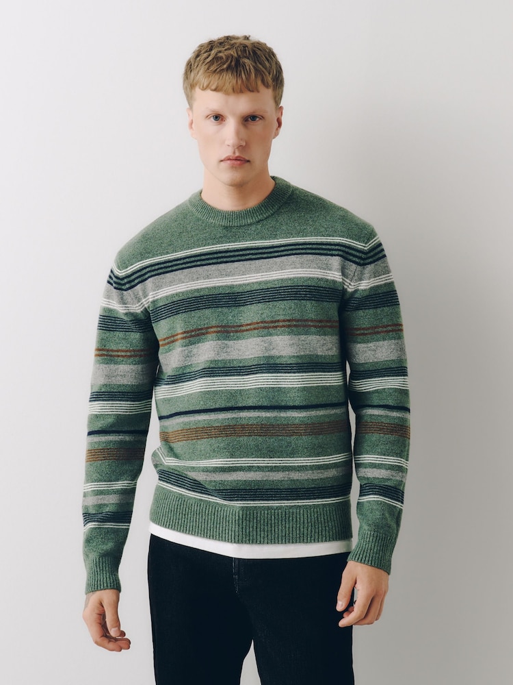 Green Stripe Cosy Crew Neck Jumper with Wool - Image 2 of 9