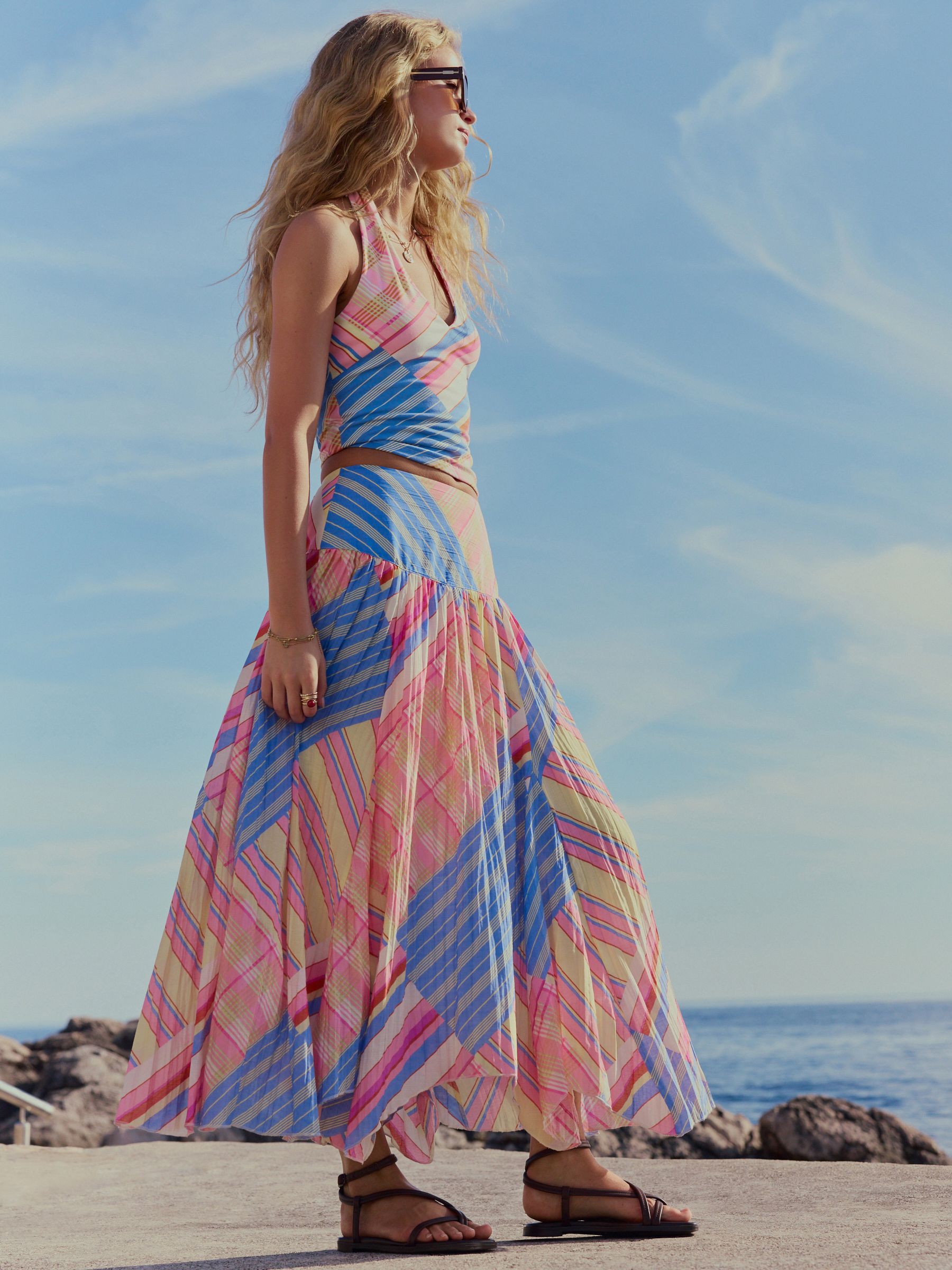 Buy Blue/Pink/Yellow Stripe Textured Midi Skirt from the Next UK