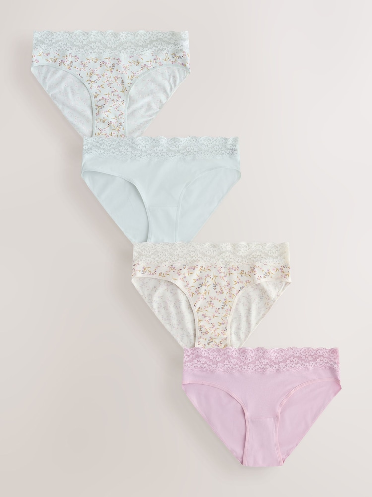 Ecru/Pink High Leg Cotton and Lace Knickers 4 Pack - Image 1 of 8 Ecru/Pink High Leg Cotton and Lace Knickers 4 Pack - Image 1 of 8