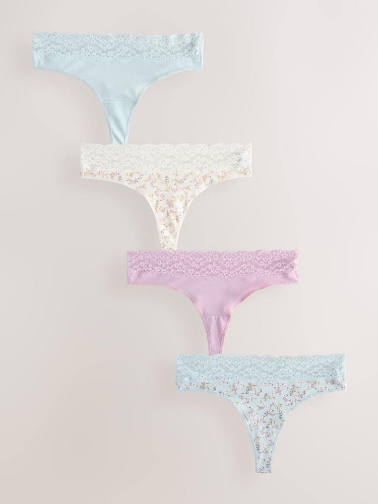 Ecru/Pink Thong Bikini Cotton and Lace Knickers 4 Pack - Image 1 of 11