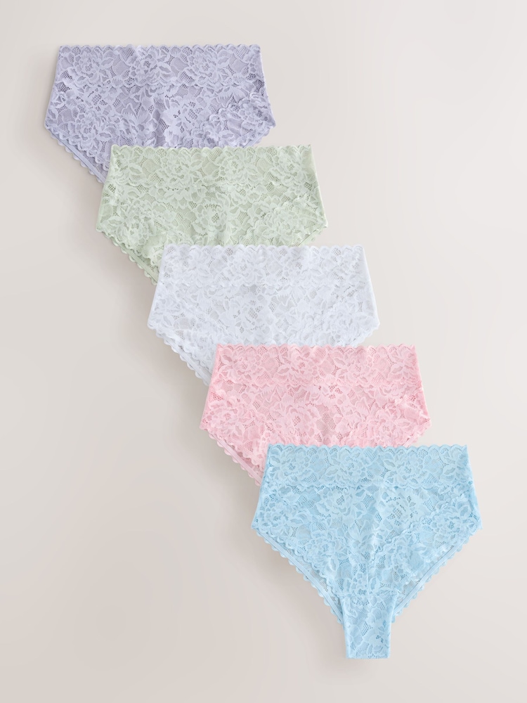 Pink/Blue High Rise High Leg All Over Lace Knickers 5 Pack - Image 1 of 11 Pink/Blue High Rise High Leg All Over Lace Knickers 5 Pack - Image 1 of 11