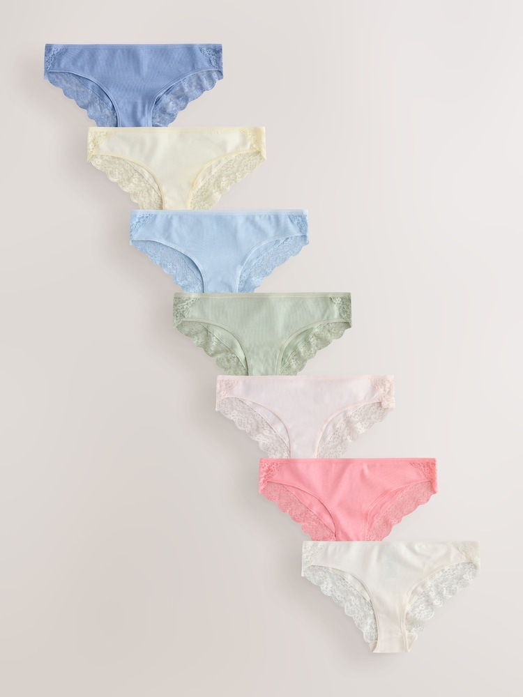 Blue/Yellow Brazilian Cotton and Lace Knickers 7 Pack - Image 1 of 10 Blue/Yellow Brazilian Cotton and Lace Knickers 7 Pack - Image 1 of 10
