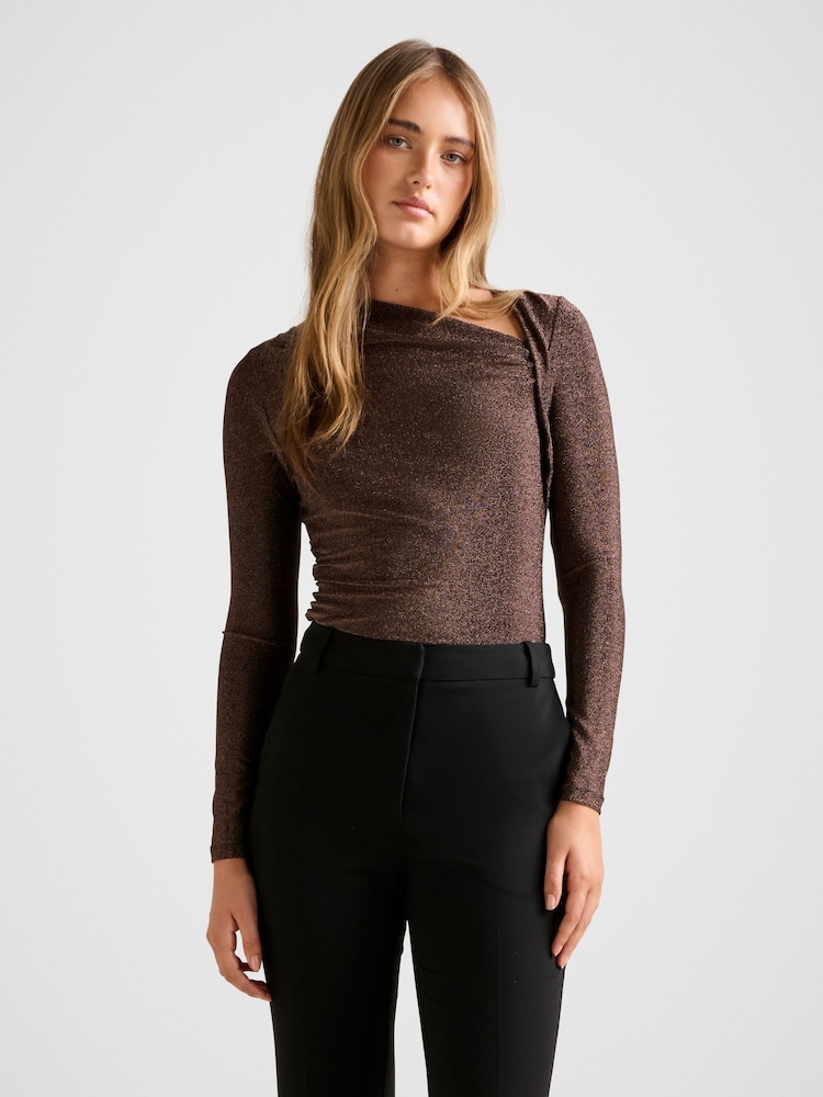 Forever New Brown Roma Glitter Asymmetrical Neck Top - Image 1 of 5 Forever New Brown Roma Glitter Asymmetrical Neck Top - Image 1 of 5