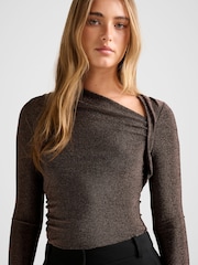 Forever New Brown Roma Glitter Asymmetrical Neck Top - Image 3 of 5