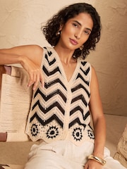 Love & Roses Black And White Cotton Rich Crochet Style V-Neck Knitted Waistcoat - Image 2 of 4