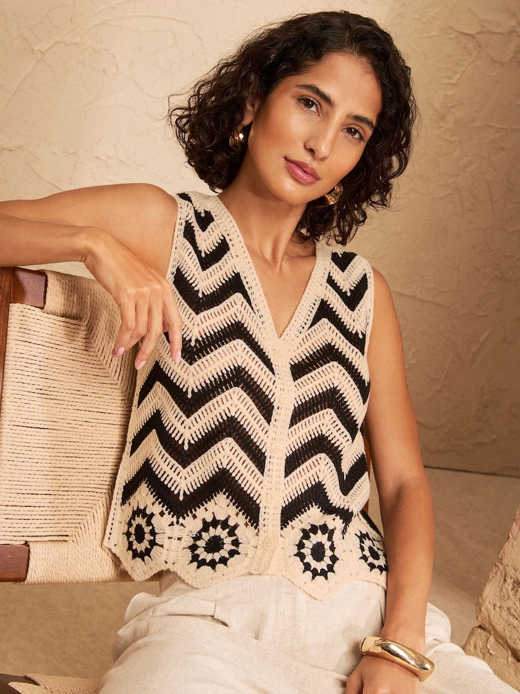 Love & Roses Black And White Cotton Rich Crochet Style V-Neck Knitted Waistcoat - Image 2 of 4