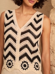 Love & Roses Black And White Cotton Rich Crochet Style V-Neck Knitted Waistcoat - Image 3 of 4