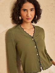 Love & Roses Olive Green Petite Pointelle Scallop Detail 3/4 Sleeve Knitted Cardigan - Image 1 of 4