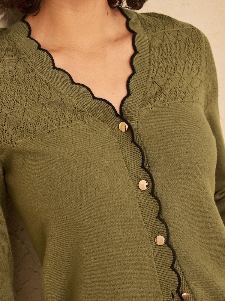 Love & Roses Olive Green Petite Pointelle Scallop Detail 3/4 Sleeve Knitted Cardigan - Image 2 of 4