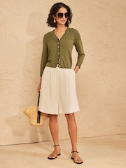 Love & Roses Olive Green Petite Pointelle Scallop Detail 3/4 Sleeve Knitted Cardigan - Image 3 of 4