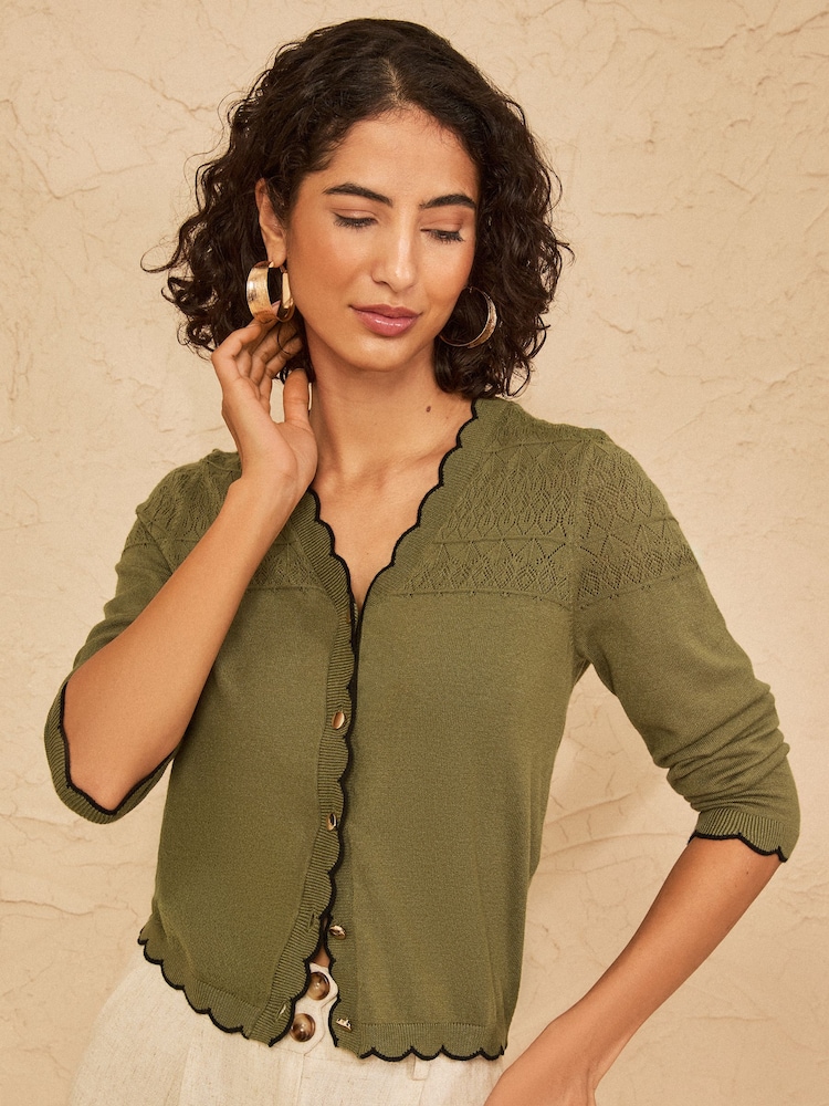 Love & Roses Olive Green Petite Pointelle Scallop Detail 3/4 Sleeve Knitted Cardigan - Image 4 of 4