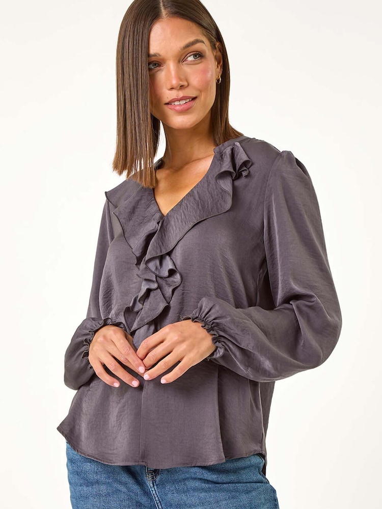 Roman Grey Satin Ruffle Front V-Neck Top - Image 1 of 5