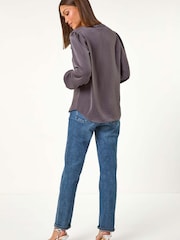 Roman Grey Satin Ruffle Front V-Neck Top - Image 2 of 5