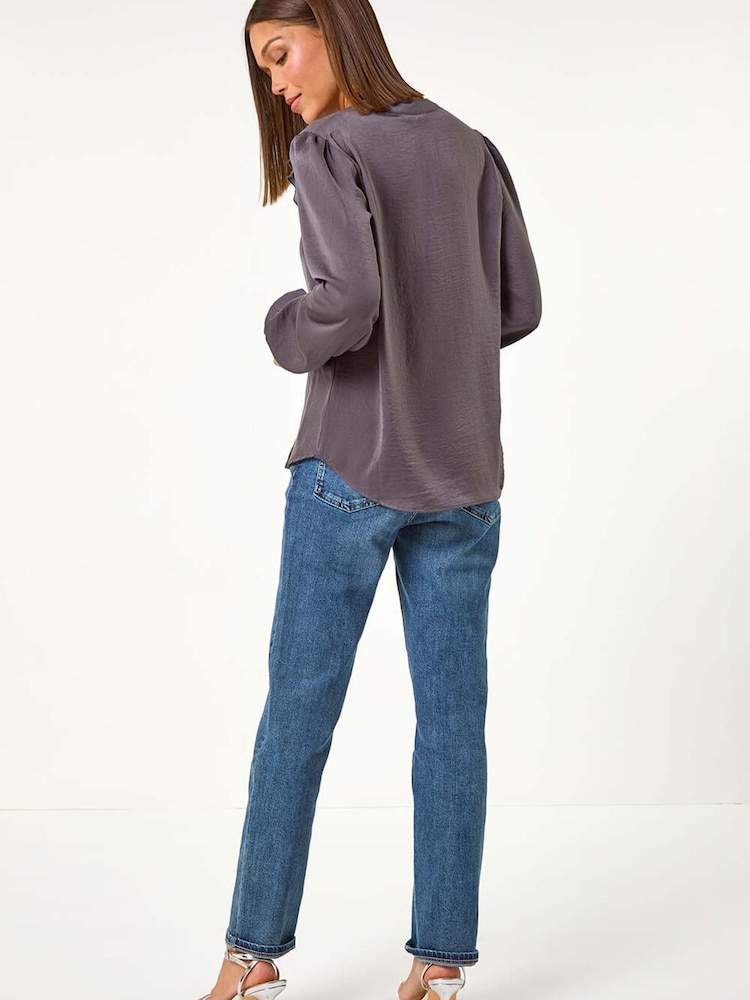Roman Grey Satin Ruffle Front V-Neck Top - Image 2 of 5