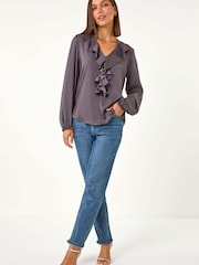 Roman Grey Satin Ruffle Front V-Neck Top - Image 3 of 5