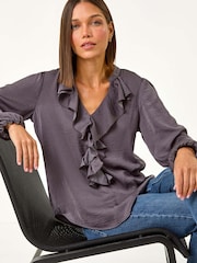 Roman Grey Satin Ruffle Front V-Neck Top - Image 4 of 5