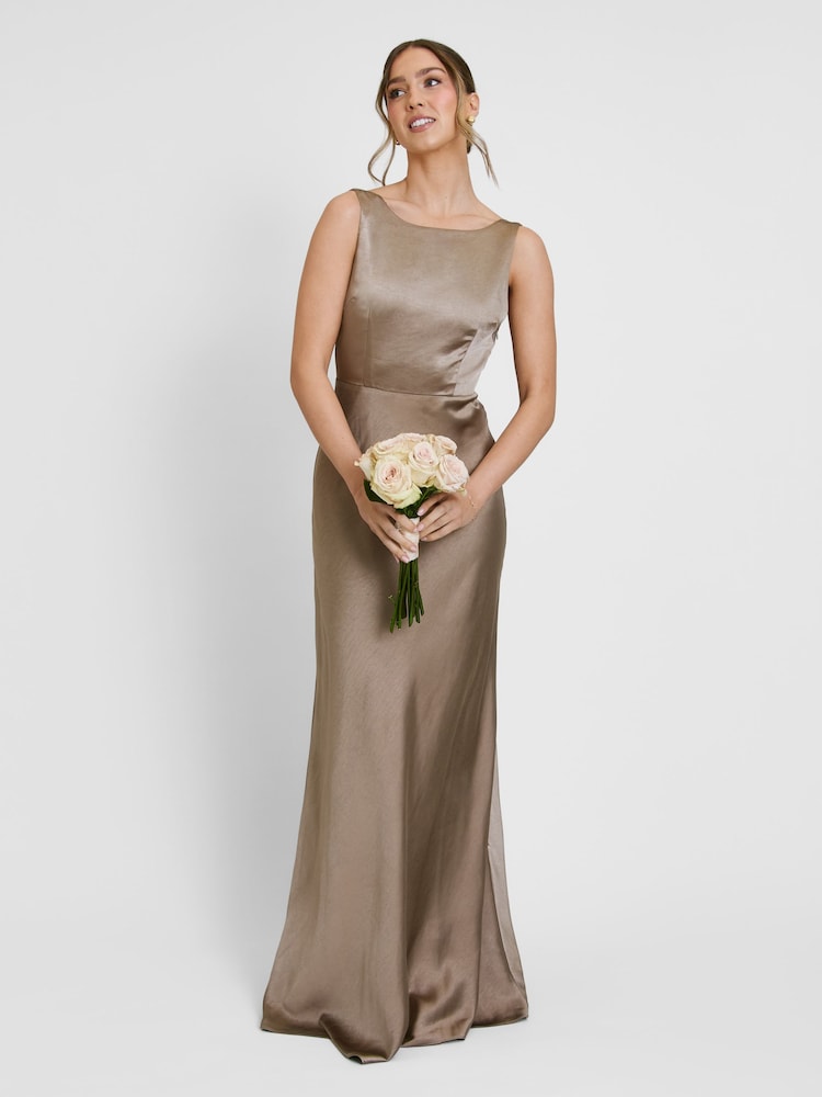 Six Stories Brown Cowl Back Satin Bridesmaid Dress - Image 1 of 4