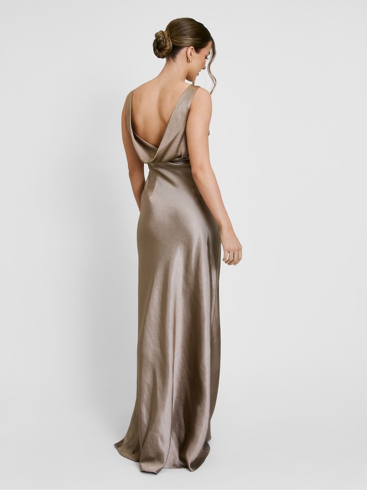 Six Stories Brown Cowl Back Satin Bridesmaid Dress - Image 2 of 4