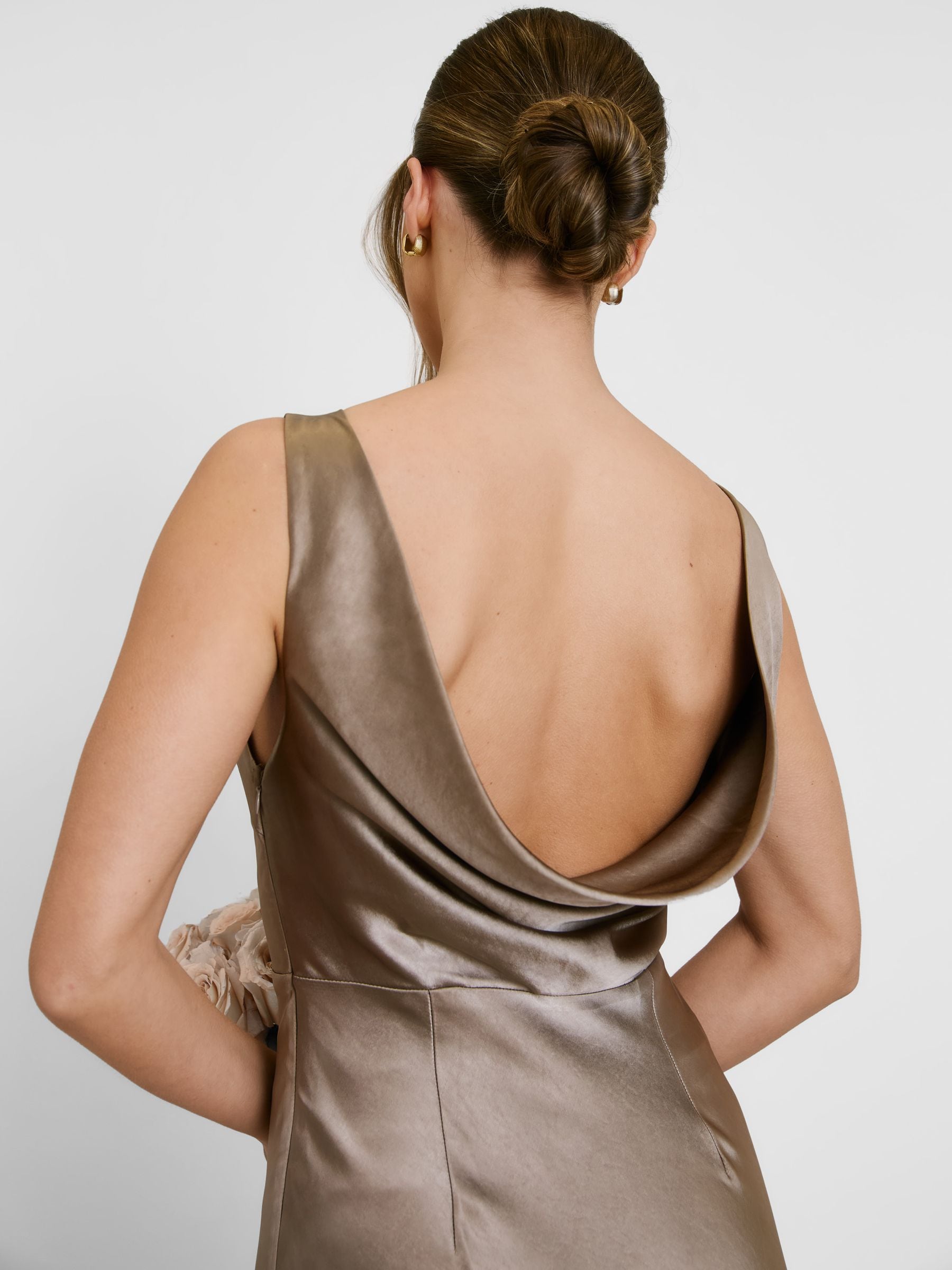six stories brown dress Six Stories Bridesmaid Satin Halterneck Maxi Dress In Brown