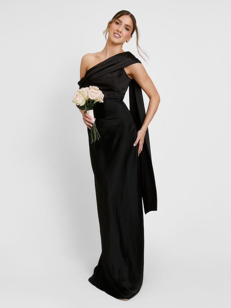 Six Stories Black Drape One Shoulder Bridesmaid Dress - Image 2 of 4