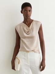 Reiss Champagne Neutral Cate Silk Cowl-Neck Sleeveless Top - Image 1 of 6