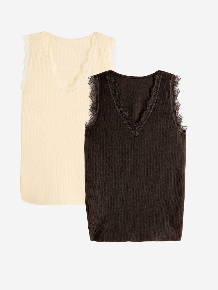Friends Like These Brown & Ivory V-Neck Lace Trim Tops 2 Pack - Image 1 of 5