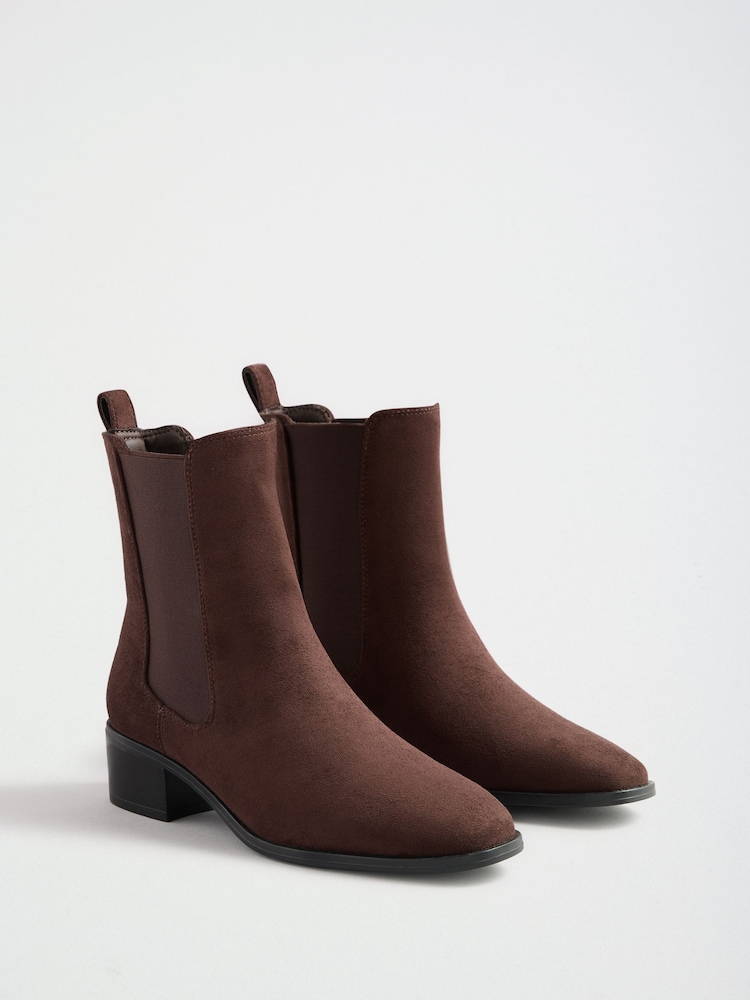 Friends Like These Chocolate Brown Faux Suede Flat Chelsea Boots - Image 1 of 5 Friends Like These Chocolate Brown Faux Suede Flat Chelsea Boots - Image 1 of 5