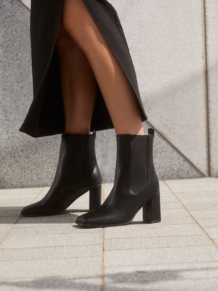 Friends Like These Black Faux Leather Square Toe High Heel Chelsea Boots - Image 1 of 7 Friends Like These Black Faux Leather Square Toe High Heel Chelsea Boots - Image 1 of 7