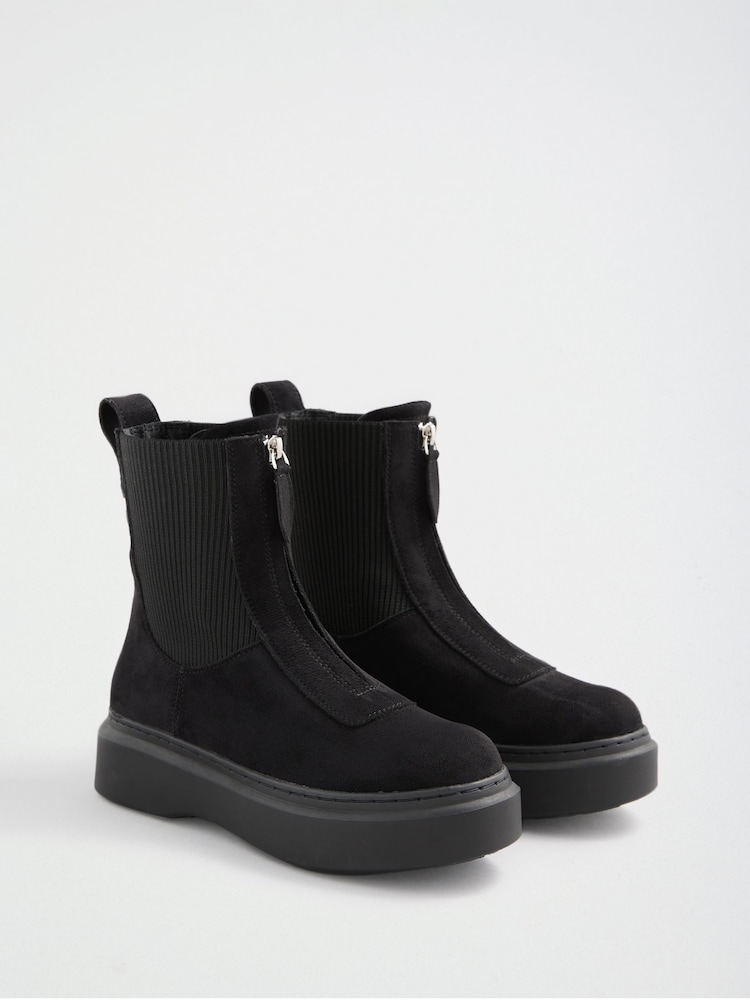 Friends Like These Black Faux Suede Zip Front Chunky Outsole Ankle Boots - Image 1 of 5