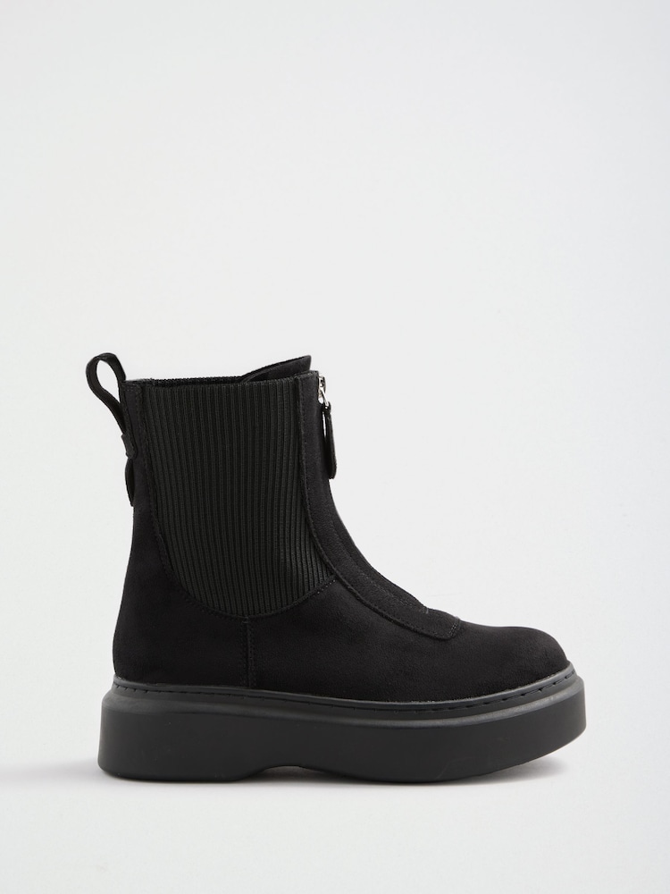 Friends Like These Black Faux Suede Zip Front Chunky Outsole Ankle Boots - Image 2 of 5