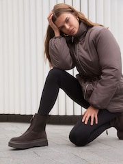 Friends Like These Chocolate Brown Faux Suede Zip Front Chunky Outsole Ankle Boots - Image 1 of 7
