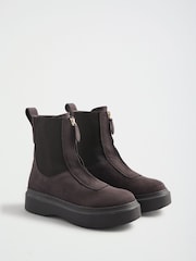 Friends Like These Chocolate Brown Faux Suede Zip Front Chunky Outsole Ankle Boots - Image 3 of 7