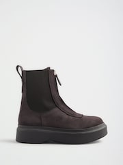 Friends Like These Chocolate Brown Faux Suede Zip Front Chunky Outsole Ankle Boots - Image 4 of 7