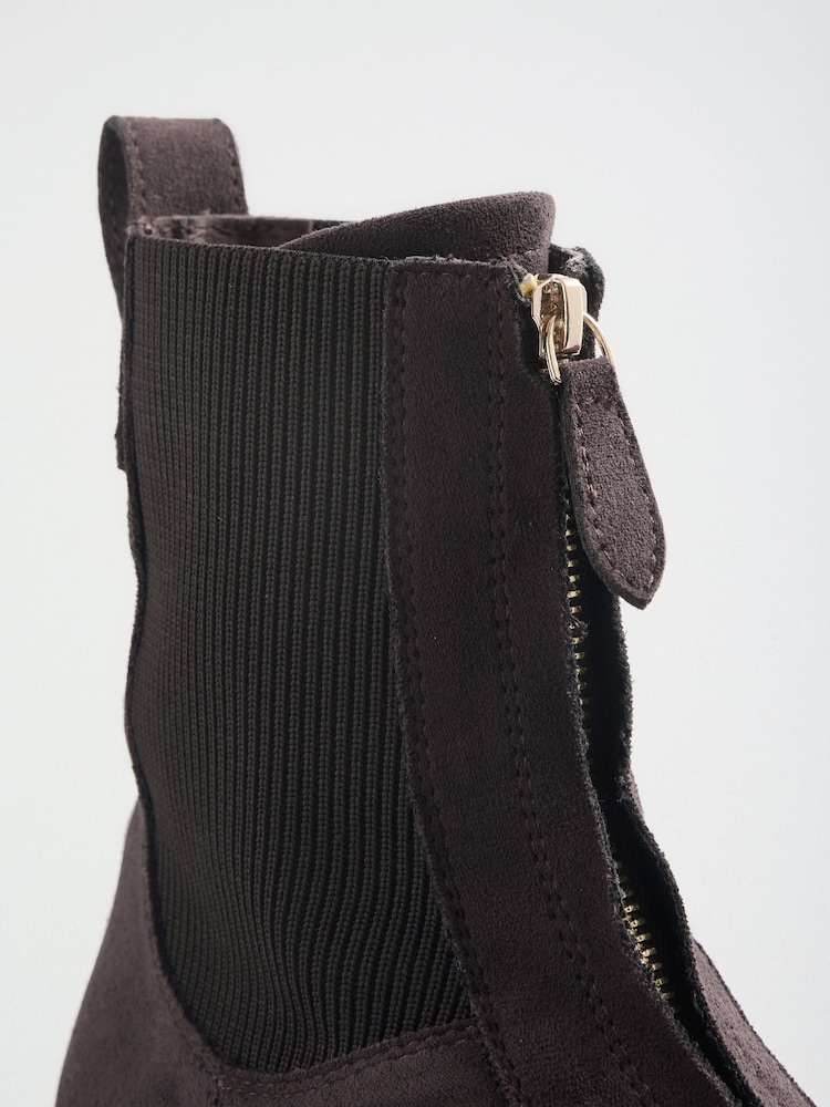 Friends Like These Chocolate Brown Faux Suede Zip Front Chunky Outsole Ankle Boots - Image 7 of 7