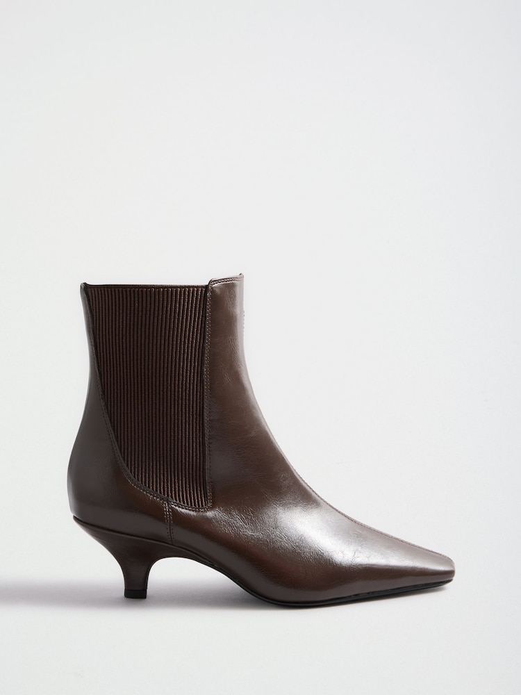 Friends Like These Chocolate Brown Faux Leather Pointed Toe Elasticated Back Kitten Heeled Ankle Boots - Image 1 of 5