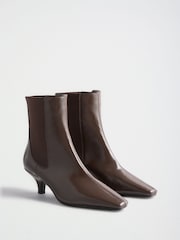 Friends Like These Chocolate Brown Faux Leather Pointed Toe Elasticated Back Kitten Heeled Ankle Boots - Image 2 of 5
