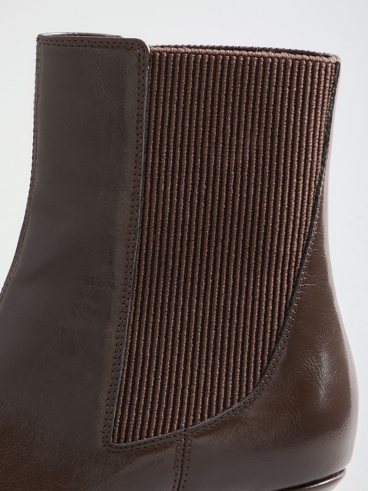 Friends Like These Chocolate Brown Faux Leather Pointed Toe Elasticated Back Kitten Heeled Ankle Boots - Image 5 of 5