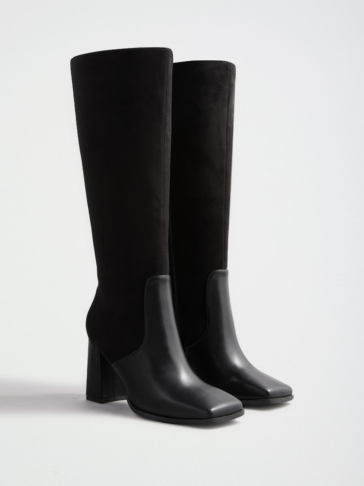 Friends Like These Black Contrast Faux Leather and Suede Knee High Heeled Boots - Image 1 of 5 Friends Like These Black Contrast Faux Leather and Suede Knee High Heeled Boots - Image 1 of 5