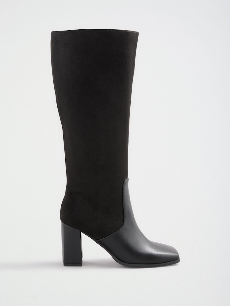 Friends Like These Black Contrast Faux Leather and Suede Knee High Heeled Boots - Image 2 of 5 Friends Like These Black Contrast Faux Leather and Suede Knee High Heeled Boots - Image 2 of 5