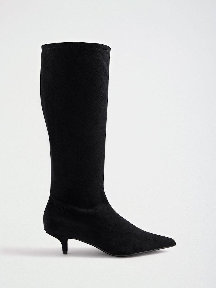 Friends Like These Black Standard fit Faux Suede Kitten Heeled Knee High Sock Boots - Image 1 of 5