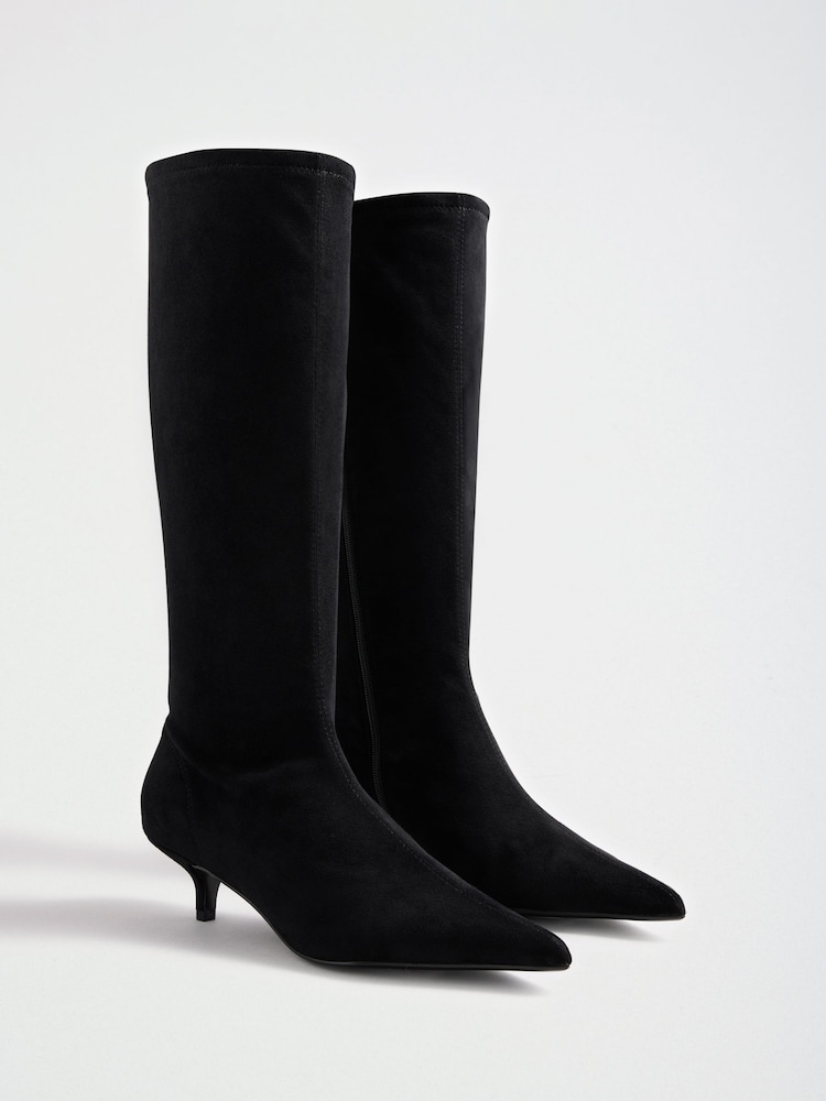 Friends Like These Black Standard fit Faux Suede Kitten Heeled Knee High Sock Boots - Image 2 of 5