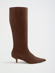 Friends Like These Chocolate Brown Standard fit Faux Suede Kitten Heeled Knee High Sock Boots - Image 1 of 7