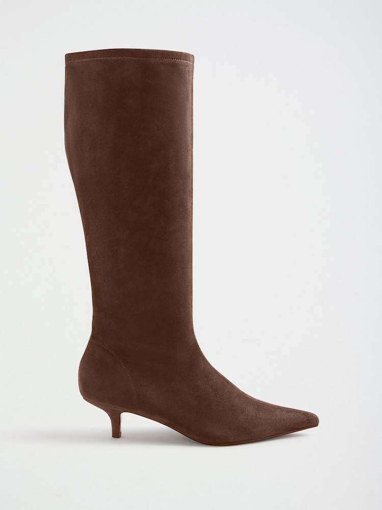 Friends Like These Chocolate Brown Standard fit Faux Suede Kitten Heeled Knee High Sock Boots - Image 1 of 7
