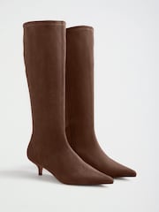 Friends Like These Chocolate Brown Standard fit Faux Suede Kitten Heeled Knee High Sock Boots - Image 4 of 7