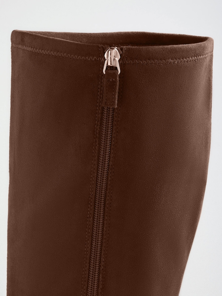 Friends Like These Chocolate Brown Standard fit Faux Suede Kitten Heeled Knee High Sock Boots - Image 7 of 7