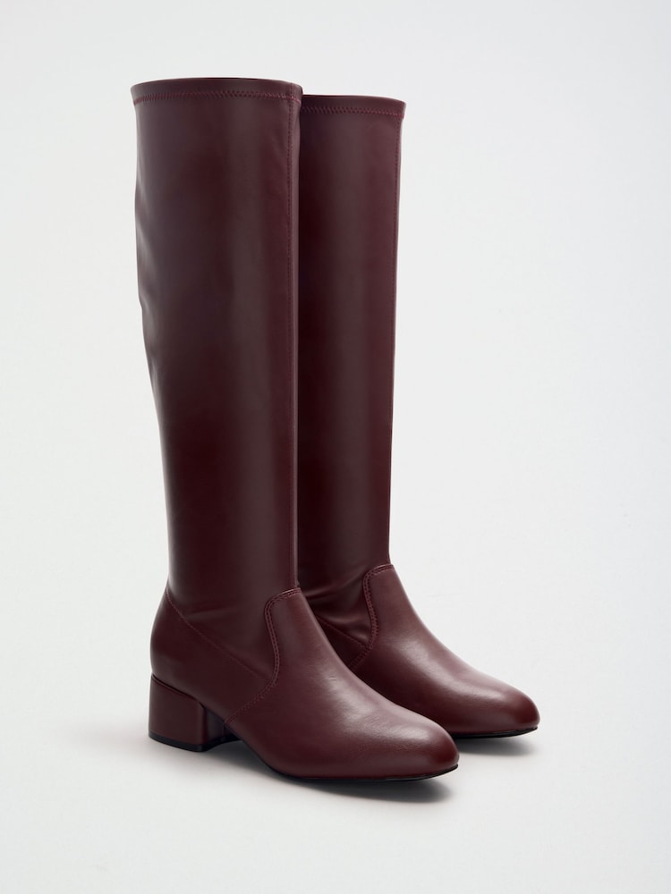 Friends Like These Plum Purple Standard fit Low Block Heel Stretch Long Knee High Sock Boots - Image 1 of 5 Friends Like These Plum Purple Standard fit Low Block Heel Stretch Long Knee High Sock Boots - Image 1 of 5