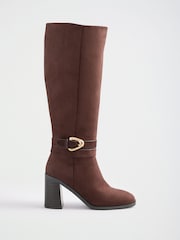 Friends Like These Chocolate Brown Faux Suede Standard fit Gold Buckle Detail Mid Block Heel Knee High Boots - Image 1 of 5