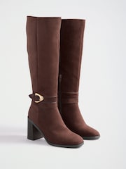 Friends Like These Chocolate Brown Faux Suede Standard fit Gold Buckle Detail Mid Block Heel Knee High Boots - Image 2 of 5
